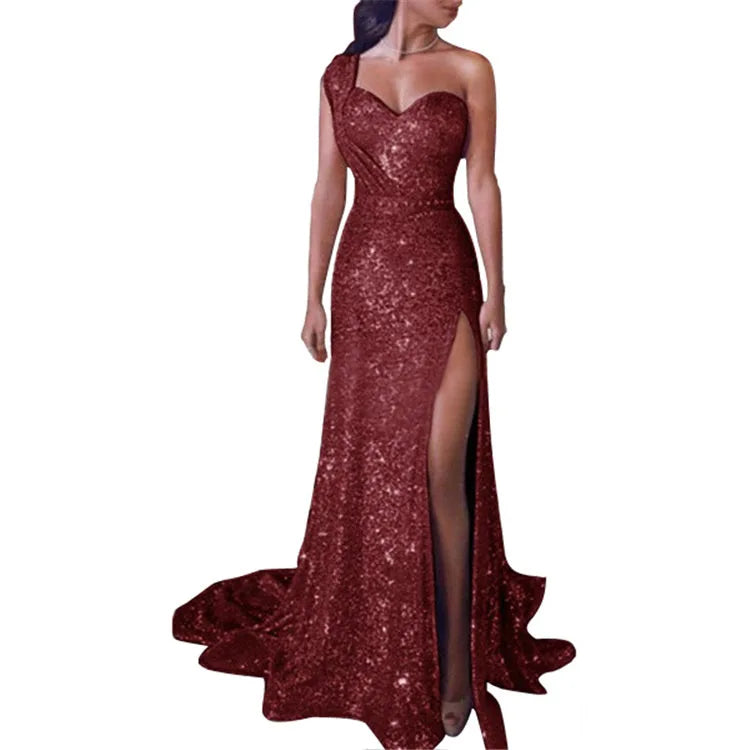 Wedding Party Dress Female Evening Elegant Sexy Deep V Neck One Shoulder Sleeveless Sequined Long Maxi Dresses For Women 2023