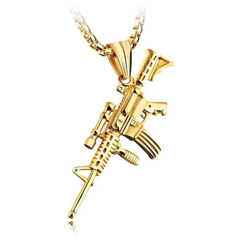 Men's Machine Gun Pendant Necklace Hip Hop Punk Black Gold Color Stainless Steel Chain Retro Accessories Hippie Rapper Jewelry