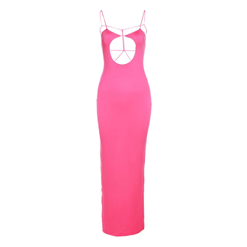 Combhasaki Womens Solid Color Thin Spaghetti Straps Backless Round Cutout Hole Slim Fit Suspender Party Club Slim Fit Long Dress