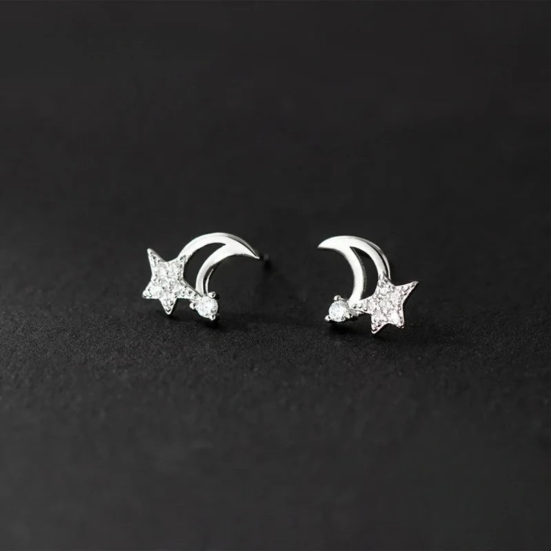 SOFTPIG Real 925 Sterling Silver Zircon Star Moon Stud Earrings For Women Classic Fine Jewelry Minimalist Accessories