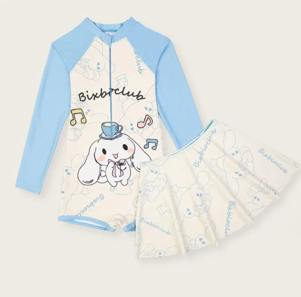 Kawaii cinnamoroll Girl Swimsuit Sanrio Anime 2024 new Summer Children Long Sleeve Bathing Suit Fashion One Piece Swimwear gifts