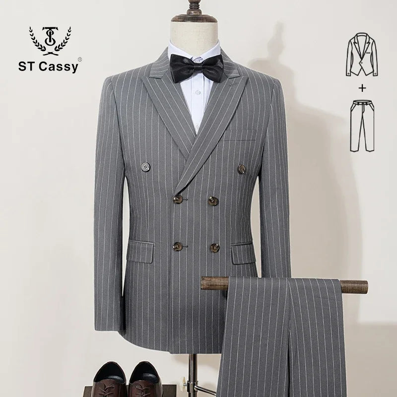 ST Cassy 高品質の男性用ストライプスーツ スリムフィット 高級男性服 エレガントなメンズスーツ ウェディングトレンドコスチューム