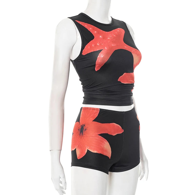 CUTENOVA Women'S Casual Street Starfish Flower Print Shorts Set Round Neck Sleeveless Crop Top + Low Waist Shorts Two-Piece Sets