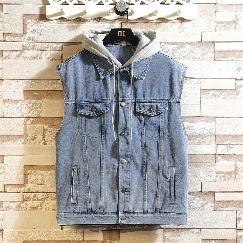 2025 Men's Spring/Summer Autumn Denim Vest Jacket Teenagers Black Leisure Hooded Vests Coat Plus Size Waistcoat M-5XL