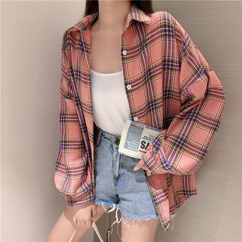Women Tartan Shirt Long Sleeve Collared Button Up Oversized Plaid Shirt Jacket Grunge Fashion Teenage Girl Spring Summer Outfit