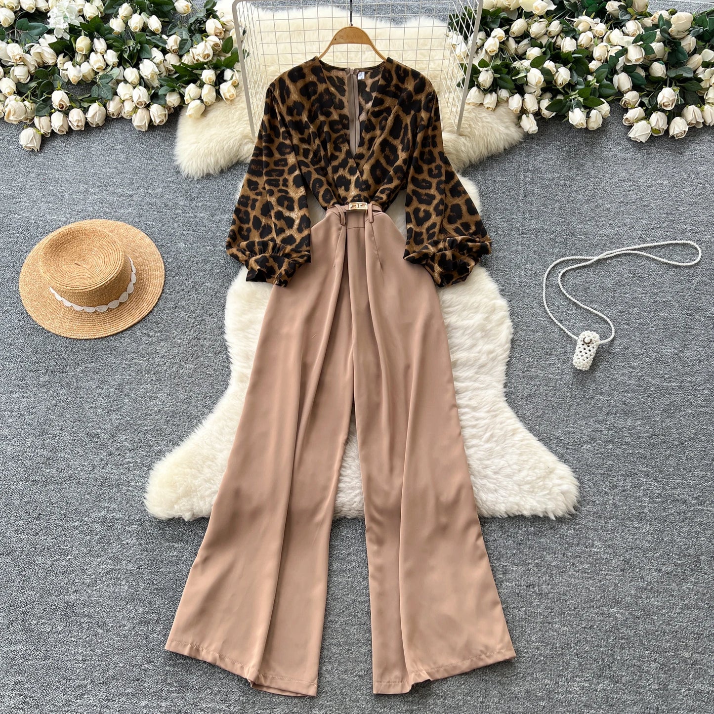 SINGREINY Autumn Leopard Long Jumpsuits V Neck Long Sleeves Belt Wide Legs Pants Women American Retro Senior Office Lady Rompers