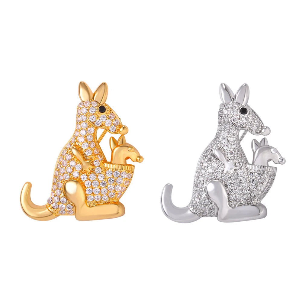 Clear White CZ Kangaroo Mother and Child Brooches Pin for Woman Cubic Zirconia Pave Setting Luxury Style Jewelry Gift for Her