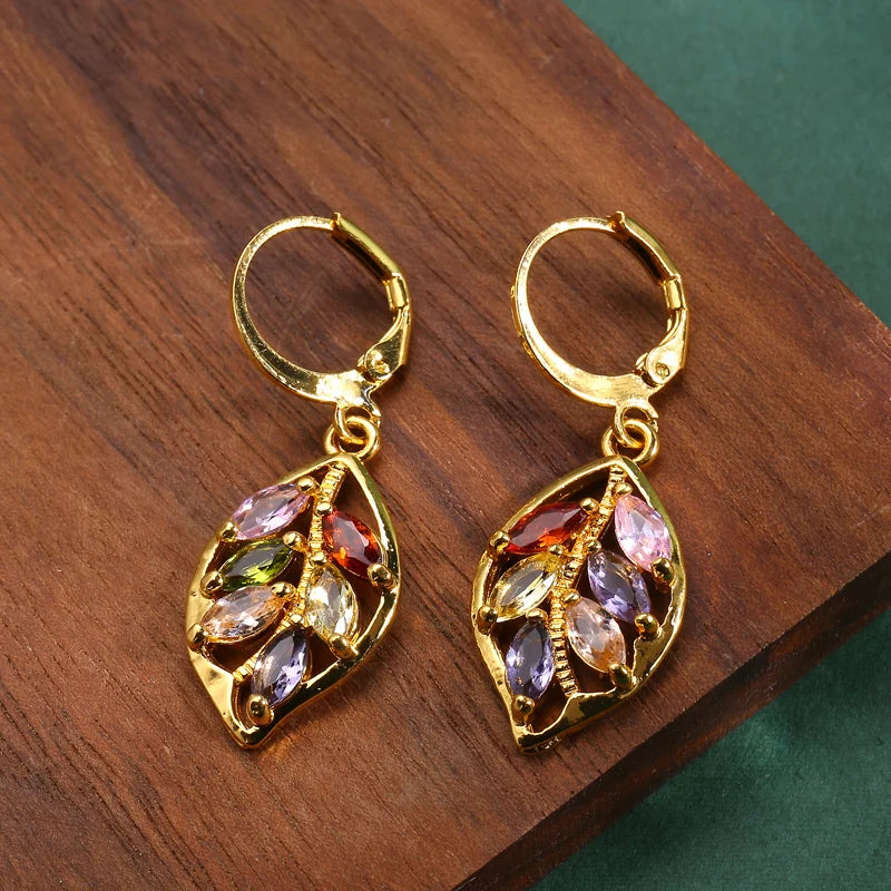 Fashionable Golden Leaf Inlaid Colored Zircon Earrings for Women, Exquisite Jewelry, Valentine's Day Gift
