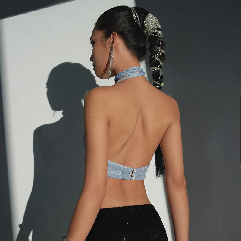 Xeemilo Y2K シャイニー バックレス タンクトップ セクシー ディープVネック バンデージ ホルターネック クロップトップ 美的 不規則な形 スキニー スリム レディース キャミソール