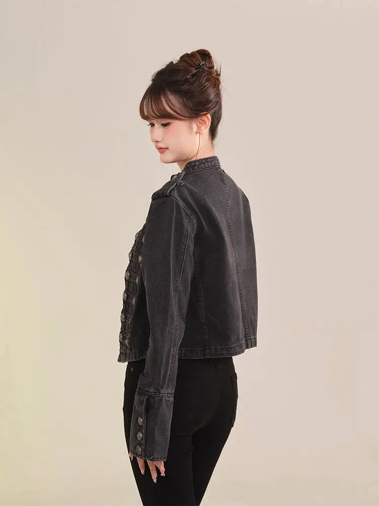 Women's American Retro Denim Military Inspired Cropped Jacket Long Sleeve Stand Collar Casual Motorcycle Coat