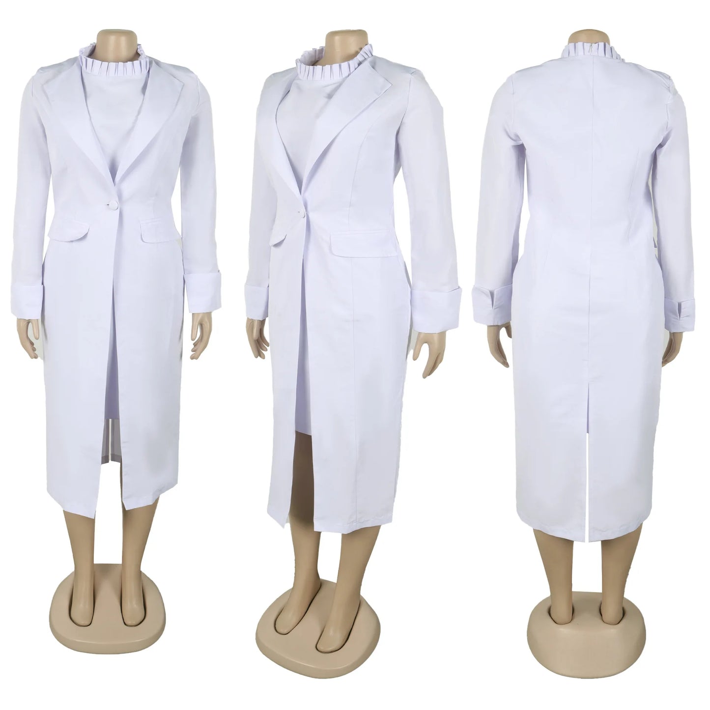 HLJ High Quality Elegant Office Lady Blazer Two Piece Sets Women Lapel Long Sleeve Coat And Slim Dress Outfit Female Clothing