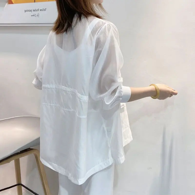 Plus Size Waist Tie V-neck Black Blazer Women Summer Cardigan Sunscreen White Jacket Korean Fashion Casual Pocket Outerwear New