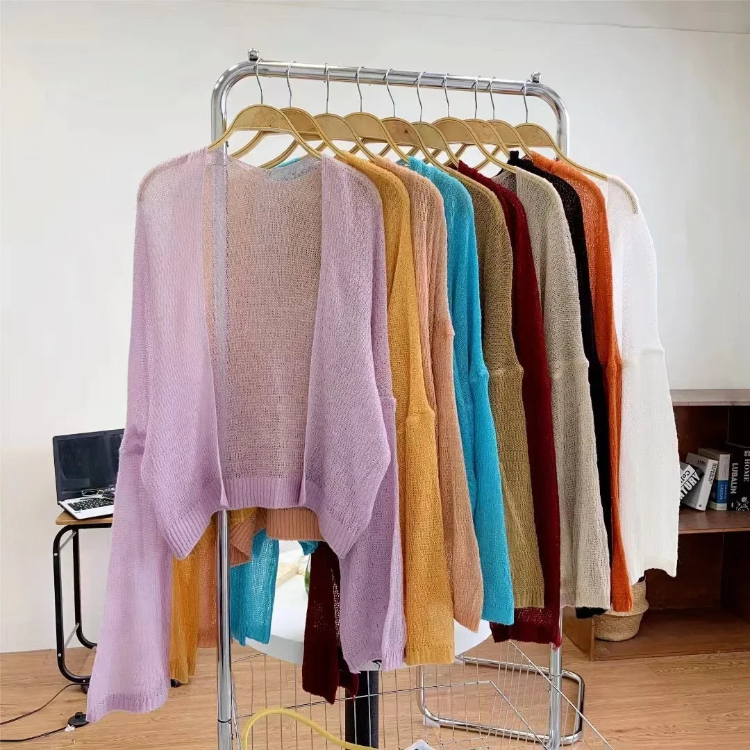 Women's Y2K Korean Cropped Cardigan - Loose Knit Summer Cover-Up for Beach Outfits & Casual Layers