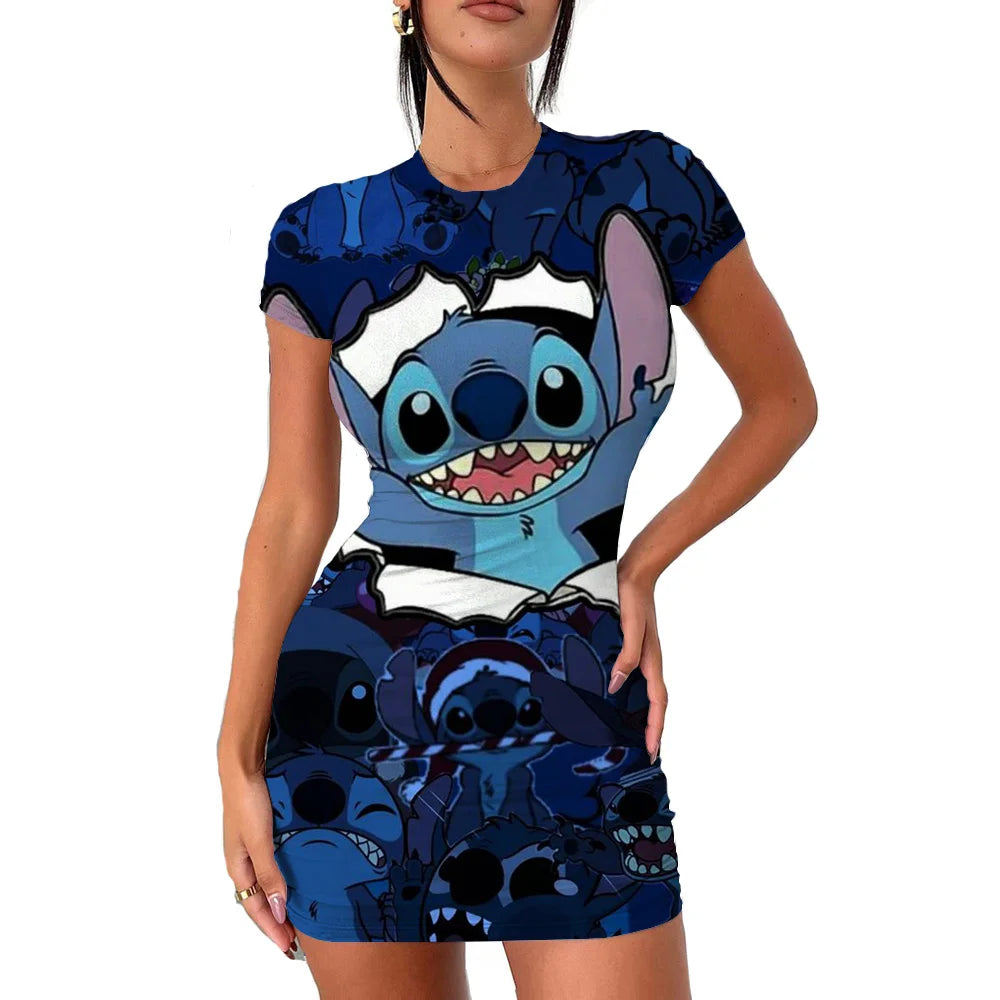 2022 Disney Stitch 3D Cartoon Print Tight Dress Short Sleeve Women's Tight Mini Dress Hip Print Kawaii beach party Women's Dress