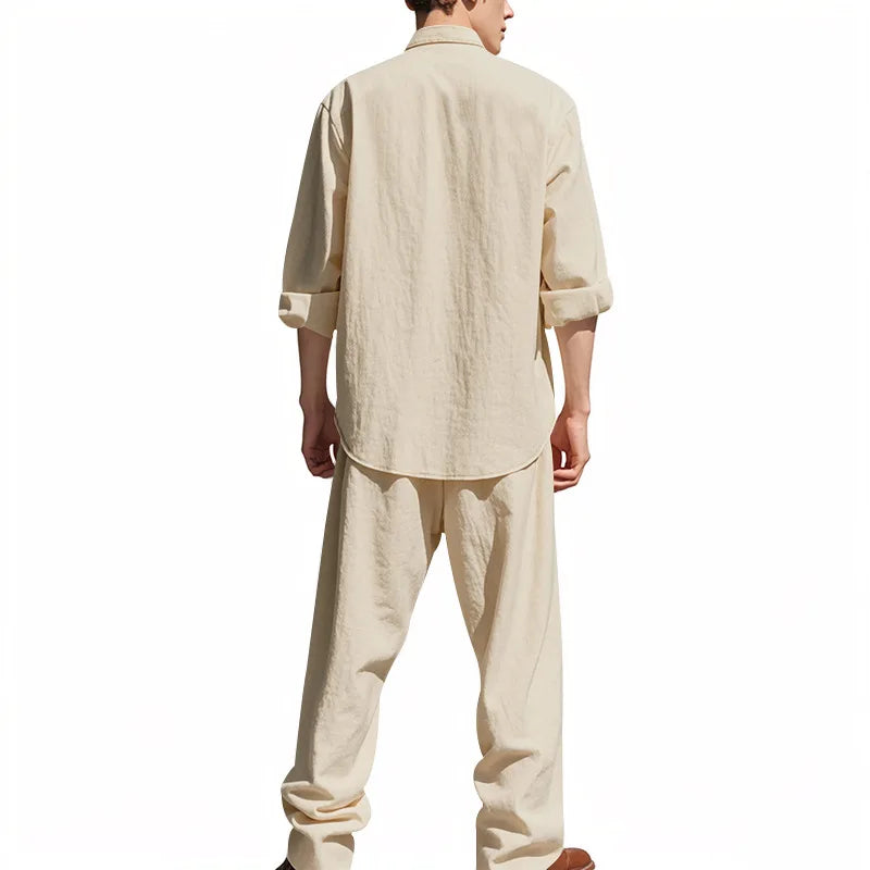 2025 New Spring and Summer Men's Suit Linen Casual Loose Breathable Long Sleeves Shirt Trousers 2Set of Beach Vacation Essential