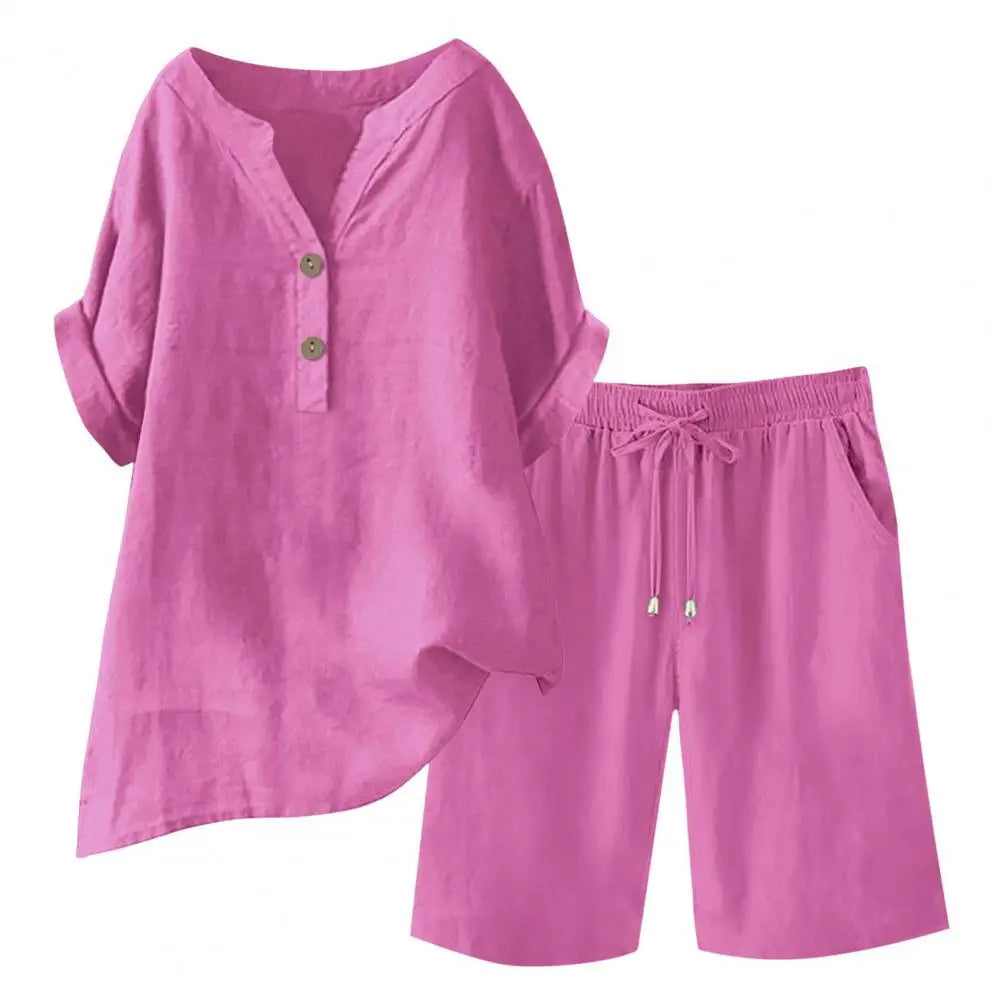 Women 2-piece Set Women's Cotton Linen 2 Piece Outfits Short Sleeve V-neck Top Wide Leg Shorts Set for Summer Lounge Wear Women