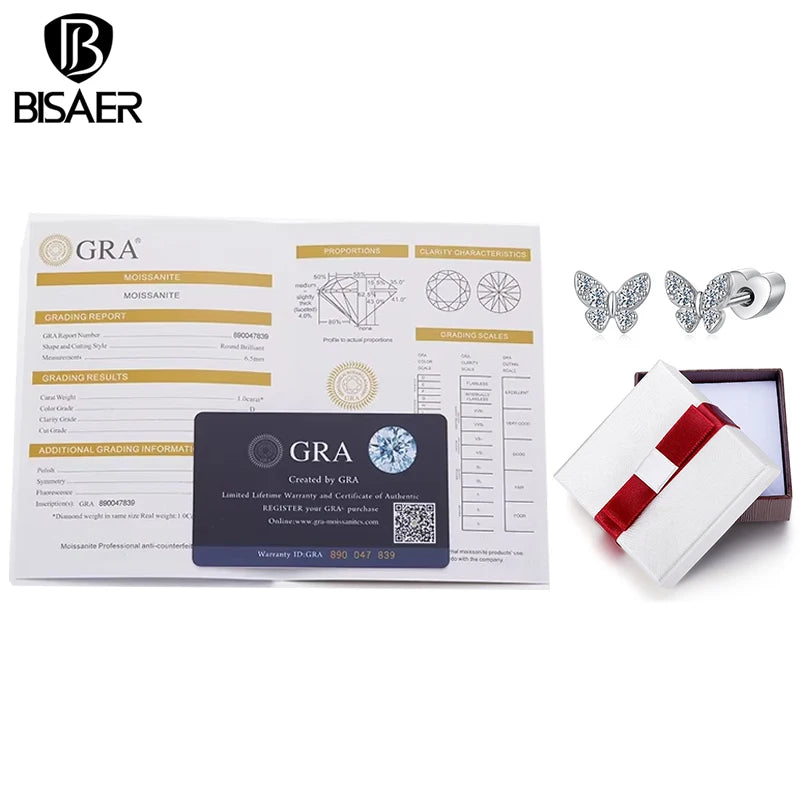 BISAER Butterfly Moissanite Stud Earrings 925 Sterling Silver D Color VVS1 EX Delicate Lab Diamond for Women Party Fine Jewelry