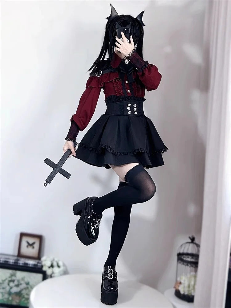Kawaii Off Shoulder Long Sleeve Shirts Women Black Short Skirt Set Y2K Gothic Ruffle Skirts Lace Lolita Shirt Gown Suit 
