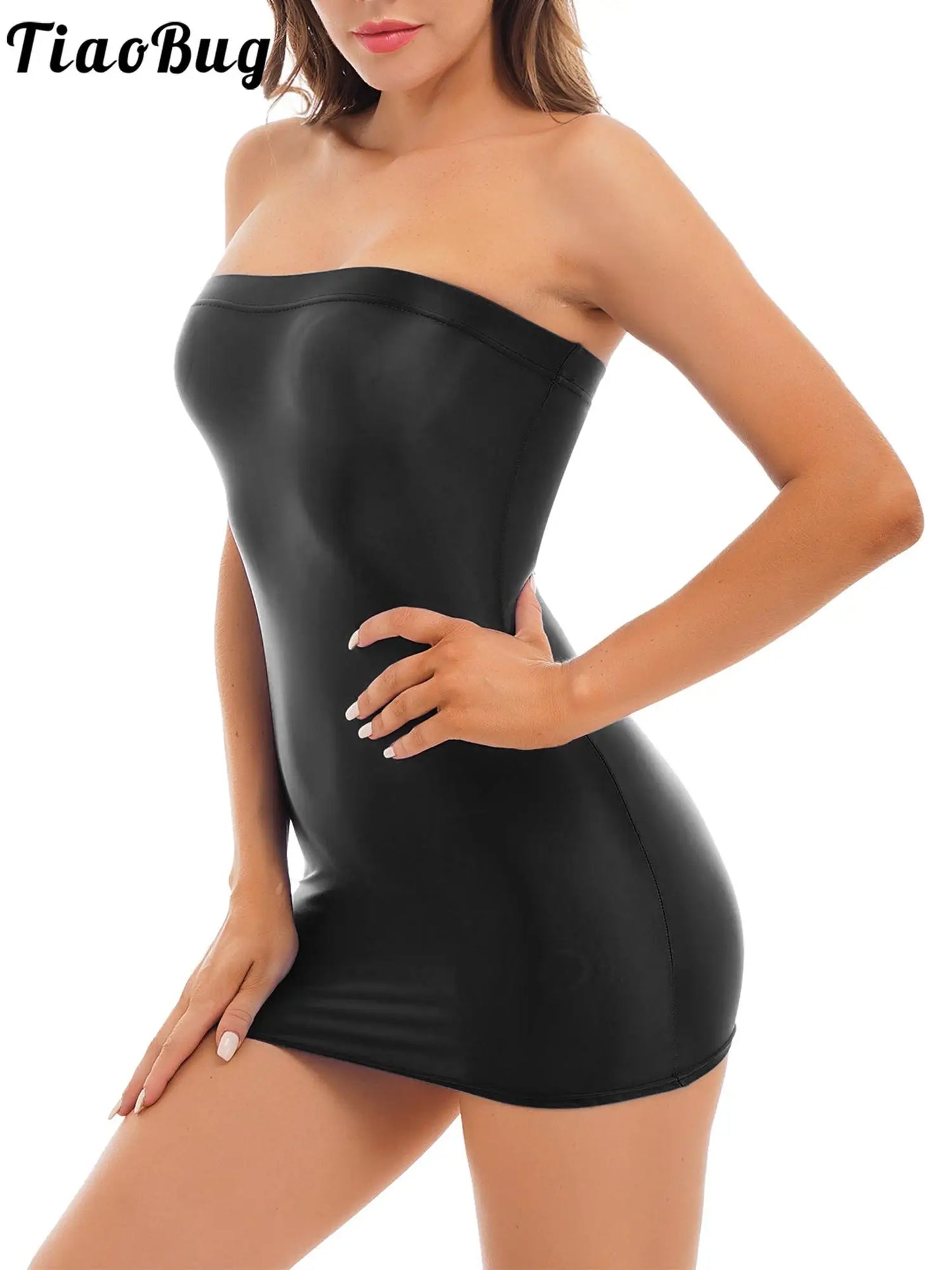 Sexy Women Oil Glossy Sheer Bodycon Dress Females See Through Strapless Pencil Dress Smooth Tight Mini Dress Clubwear