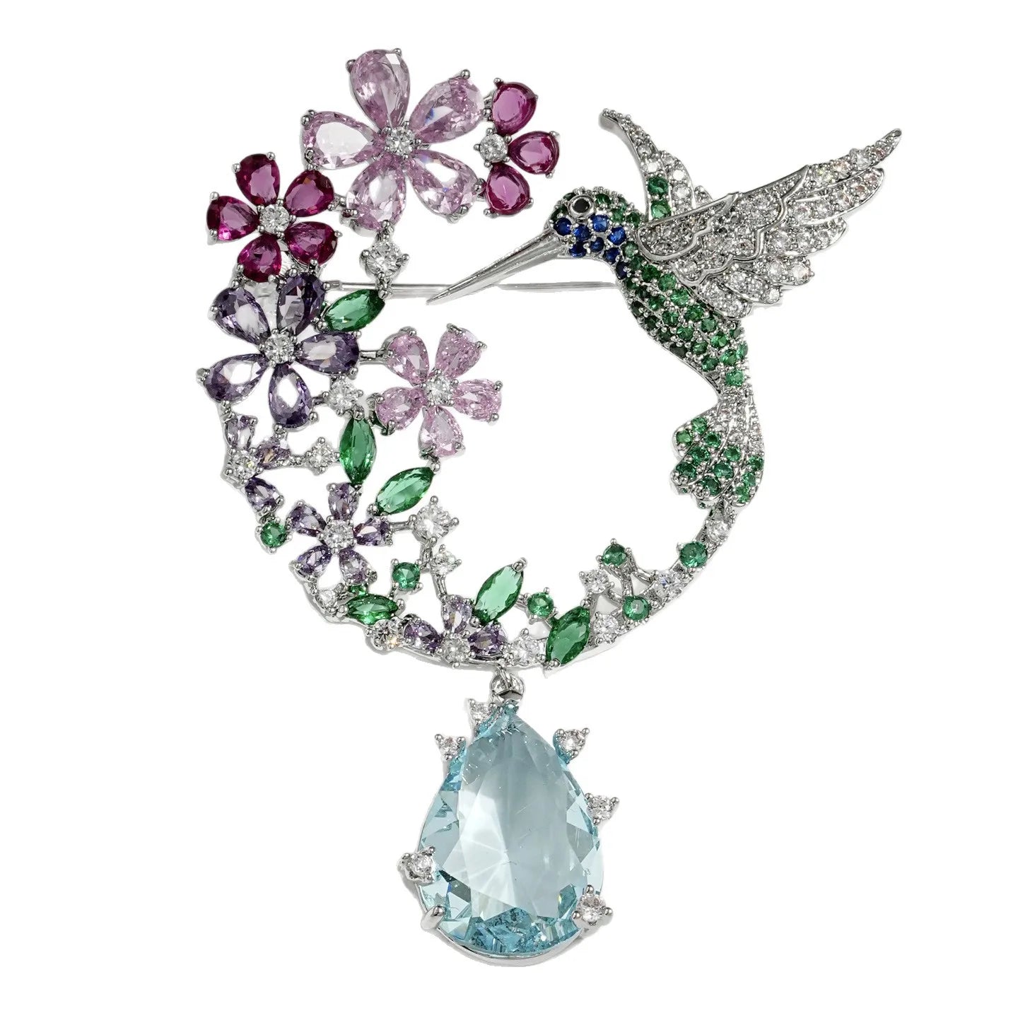 Exquisite Zircon Hummingbird Brooches Temperament Colored Flower Pins and Broche for Woman Man Suit Coat Accessories