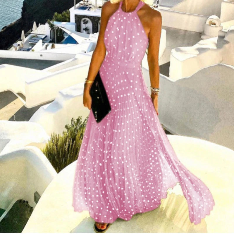 Polka Dot Print Pleated Maxi Dress Women Bohemian Sundress Summer Halter Backless High Waist Loose Party Dresses Long Elegant