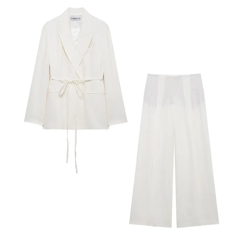 TRAFZA Women's Suits White Turn-Down Collar Long Sleeves Lace-Up Blazers+High Waist Zipper Long Pants Female Spring Fashion Sets