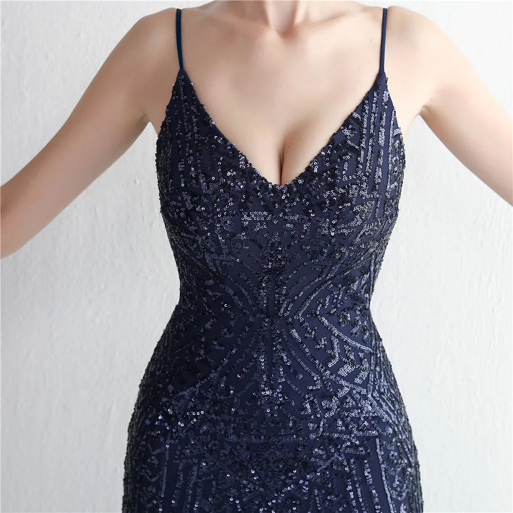Women's Black Long Sleeve Padded Strap Sequin Dress Length, Sparkles Stretch, V Neck Mermaid, Formal Evening Dress, Night Party