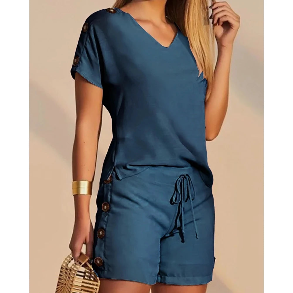 Women Buttoned Short Sleeve V-Neck Top & Drawstring Shorts Sets Women 2 Pieces Casual Two Pieces Set Summer Outfits Clothing