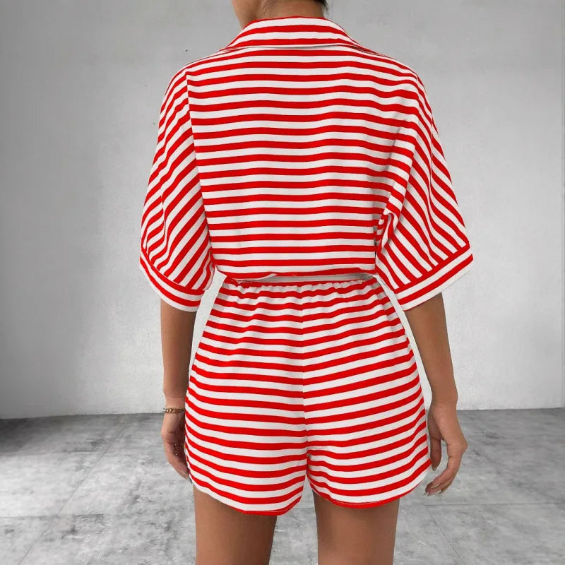 Summer New Set For Women's Casual Loose Comfortable Outfit Fashion Striped Batwing Sleeve Shirt Top+ Shorts 2-piece Sets Woman