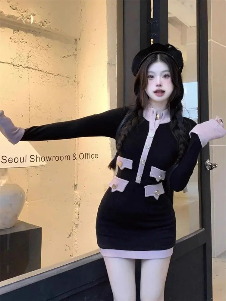 ファッショナブルレトロ ハイカラー ロングスリーブ ニット ドレス カラーブロック レディース ドレス スリムフィット ボディコン スカート 秋冬 N...