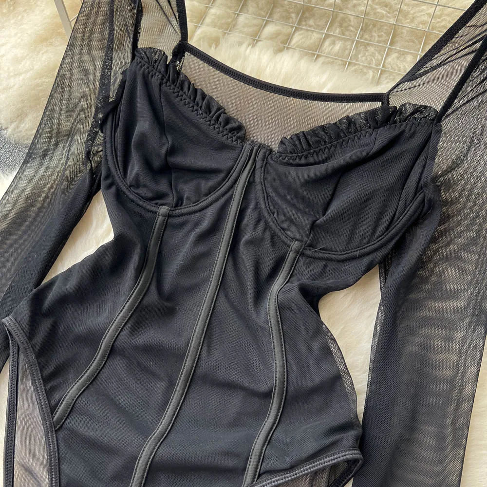 Women Sexy Mesh V Neck Slim Bodysuit Chic Long Sleeve Fashion Elastic Bodycone Jumpsuits Spring Autumn Hotsweet Gothic Playsuits