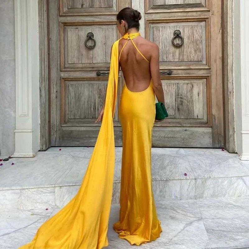 Elegant Satin Ribbon Halter Backless Sleeveless Dress for Women Slim Fit Party Evening Robes Lady Solid Color Autumn Summer 2025