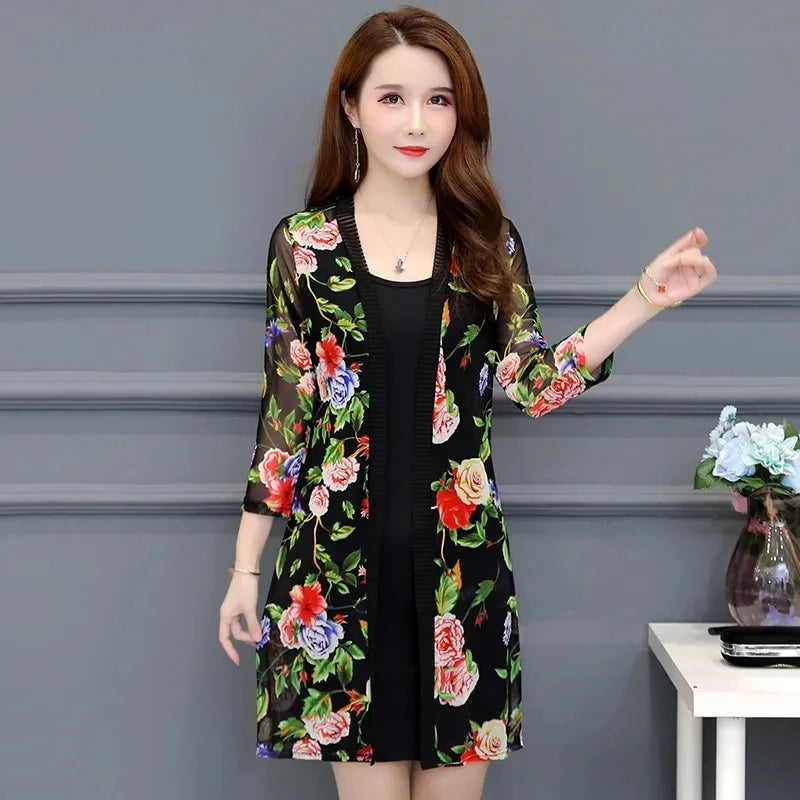 2024 Female Mid Length Large Size Sun Protection Cardigan Tops Coat Women Summer Gauze Lace Print Thin Sun Sunscreen Jacket 5XL