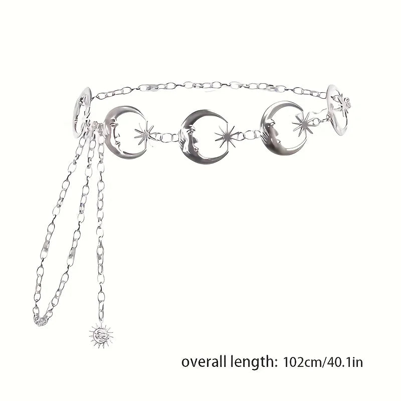 Boho Moon Sun Hollow Waist Chain Y2K Trend Tassel Dress Chain Women Adjustable Body Belts Belly Jewelry