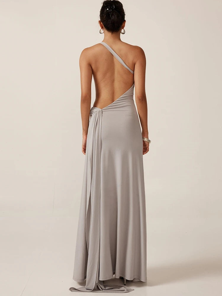 Sibybo Oblique Shoulder Sleeveless Ruched Maxi Dress For Women Gown Elegant Metal Rings Backless Bodycon Long Dresses Vestidos