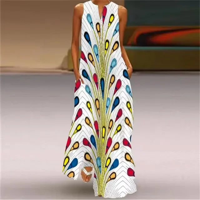 Spring Summer Long Dress Womens Long Casual Party Dresses Women Clothing Casual A-Line Printing V-Neck Pockets Maxi Dress Autumn