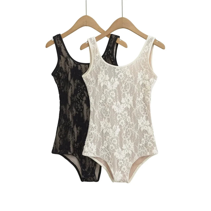 Women's Tank Double Layer Lace Bodysuit With Low Back Detail