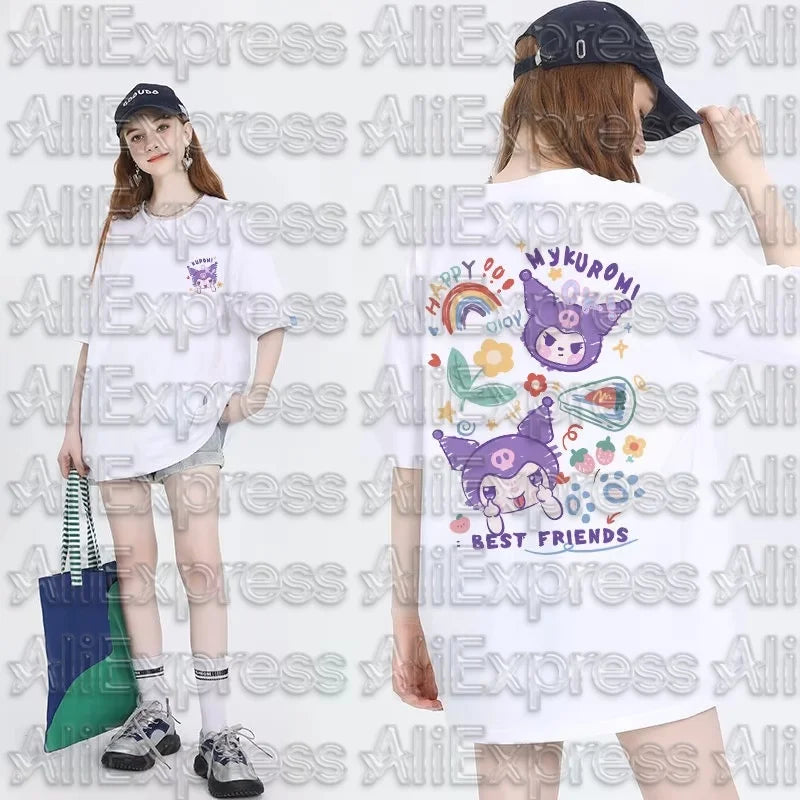 MOTO Kawaii Sanrioed Womens T-Shirt Anime Kuromi Cinnamoroll Cotton Round Neck My Melody Kuromi Printing Tops Girls Summer