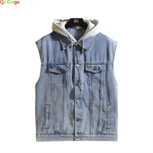 2025 Men's Spring/Summer Autumn Denim Vest Jacket Teenagers Black Leisure Hooded Vests Coat Plus Size Waistcoat M-5XL