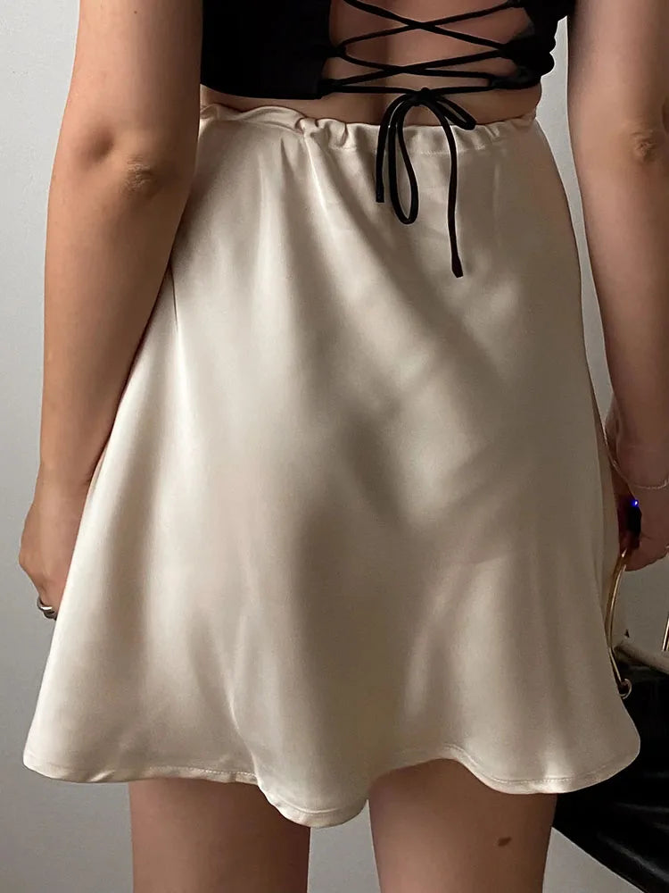 Satin Mini Skirts Women Summer Beige Silk Short Skirt For Woman Drawstring High Waist Black Satin Skirt A Line Women Short 2025