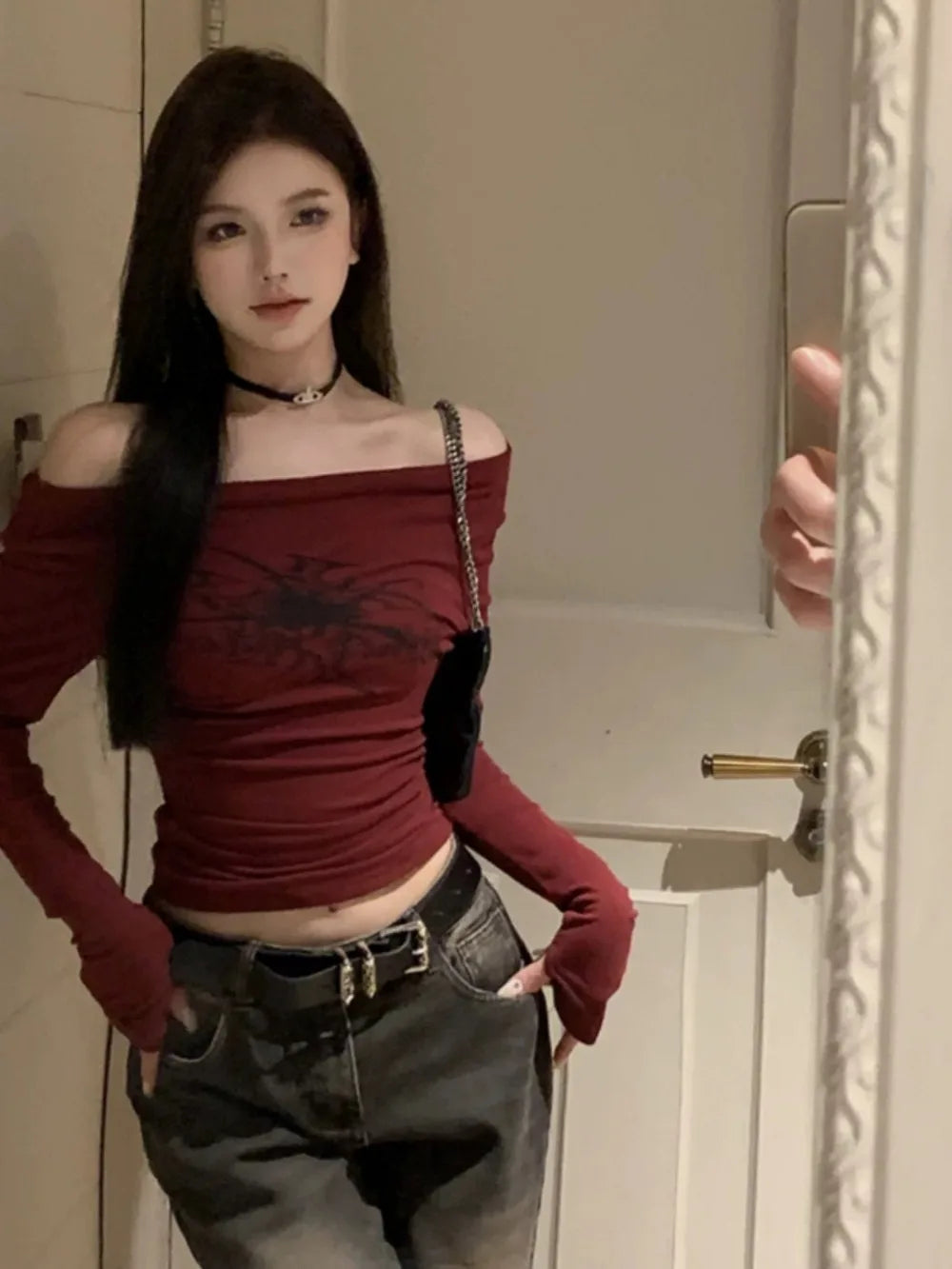 Gothic Spider Graphic Grunge T Shirts Women Y2k Off Shoulder Vintage Crop Top Korean Style Kpop Coquette Long Sleeve Tees 2025