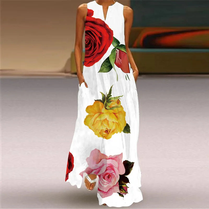Summer Sexy Maxi Dresses Women Sleeveless V-Neck Robe Party 2025 Retro Loose Beach Vestidos Y2k S-5XL