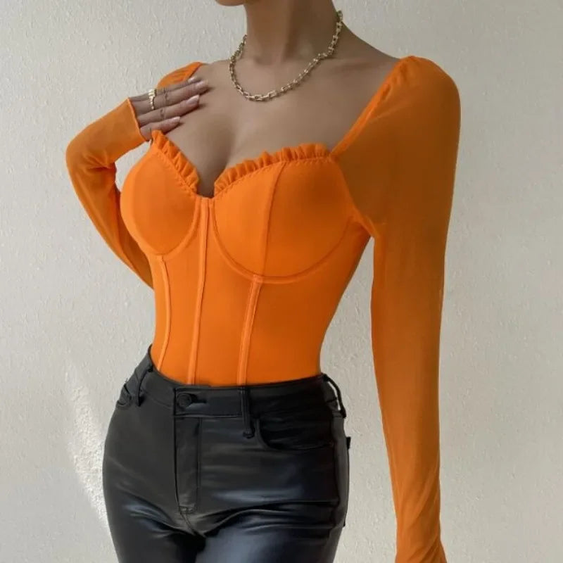 Women Sexy Mesh V Neck Slim Bodysuit Chic Long Sleeve Fashion Elastic Bodycone Jumpsuits Spring Autumn Hotsweet Gothic Playsuits
