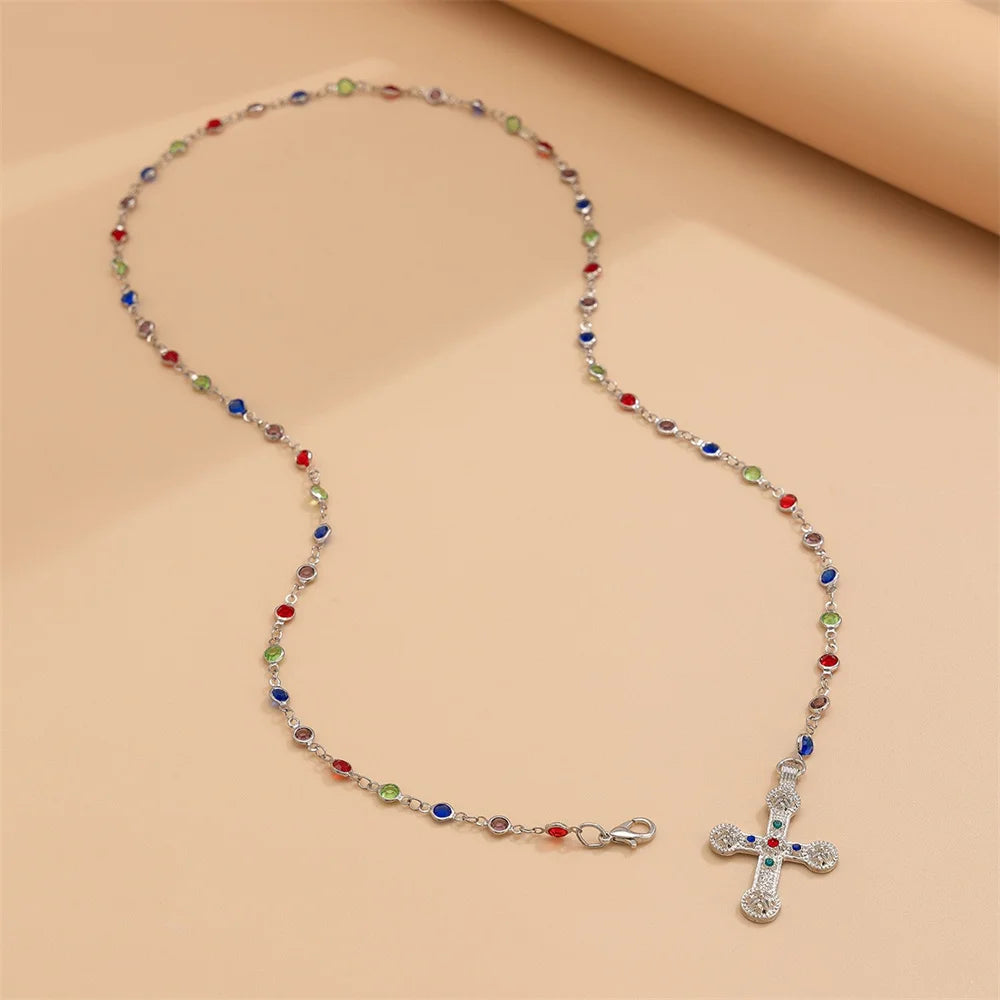 Unique Cross Pendant Necklace for Women Simple Crystal Necklace Sweater Chain Long Y-shaped Necklace Y2K Party Jewelry 2024