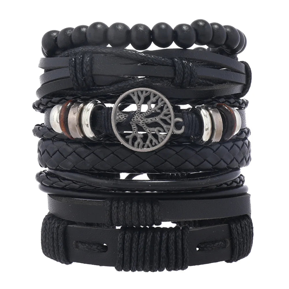Red 6 Pc/set Tree Black Wrap Woven Handmade Wood Beads Bracelets Male Women Leather Bracelets Men Bangle Wholesale Jewelry Gift