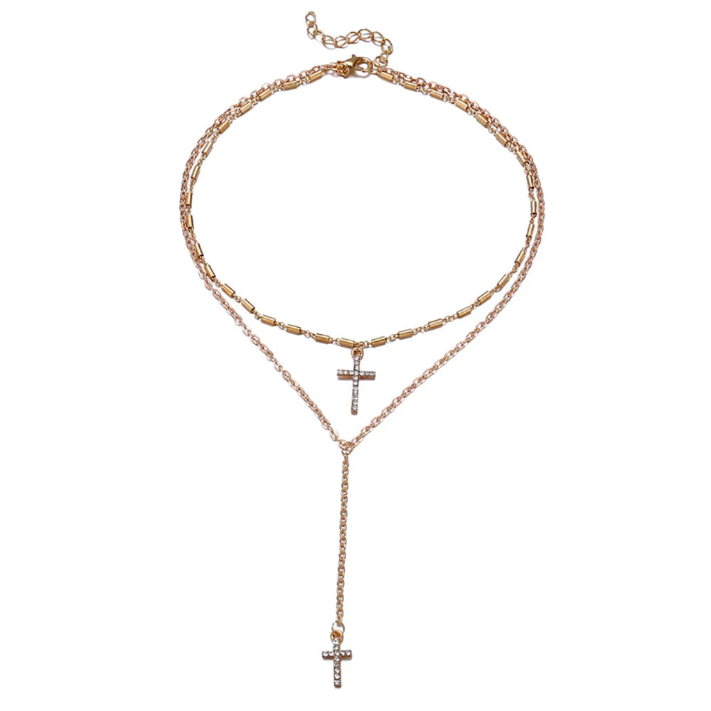 Fashion Gold-plate Crystal Cross Necklaces Pendants Boho Double Layered Necklace Catholic Religious Christian Statement Jewelry