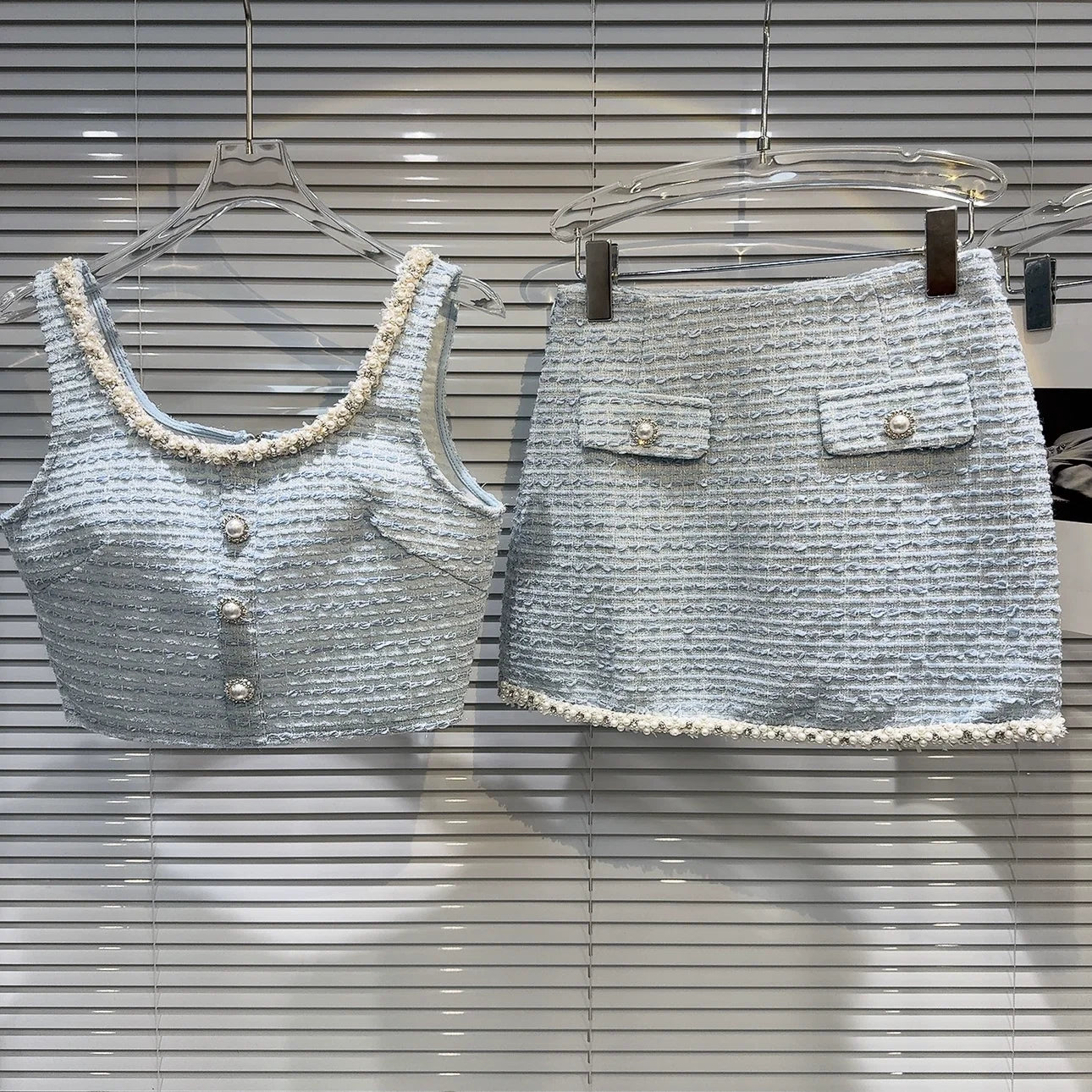 Women's Elegant Two Pieces Tweed Pearls Skirt Set Lady High Street Sexy O Neck Sleeveless Crop Tank Top + Minis Kirt