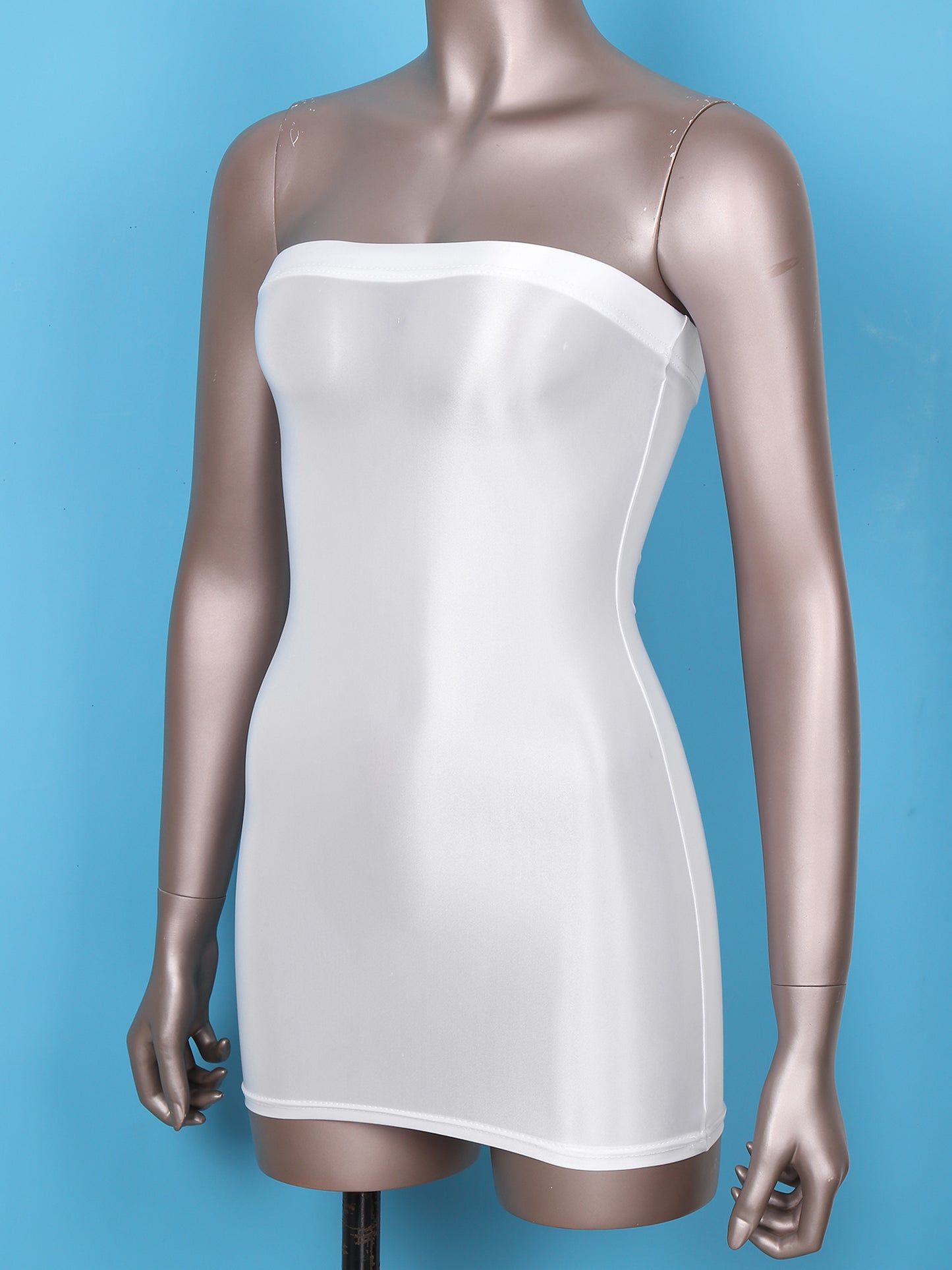 Sexy Women Oil Glossy Sheer Bodycon Dress Females See Through Strapless Pencil Dress Smooth Tight Mini Dress Clubwear