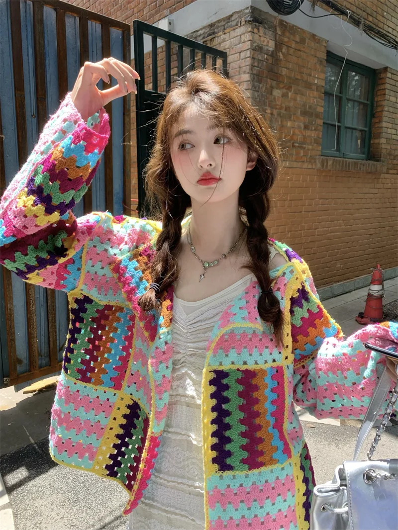 SALIENCY Colorful Crochet Knit Hollow Cardigan Sweater Jacket Women Spring Top Loose Short Knitwear