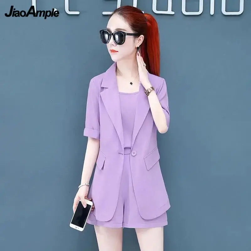 2025 Summer New Suit Vest Shorts Three-piece Women's Elegant Professional Wear Korean Fashion Slim Blazers Suspenders Pants Set